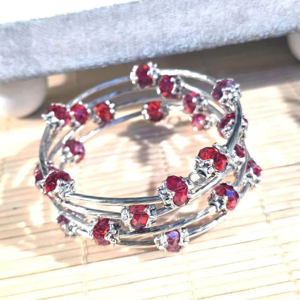 Red Faceted Crystal Rondelle Beads Silver Metal Handcrafted Wrap Bracelet